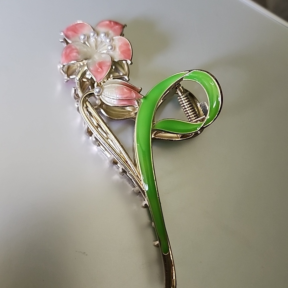 Metal Flower   Hair Claw Large  Gold Enamel PEACH